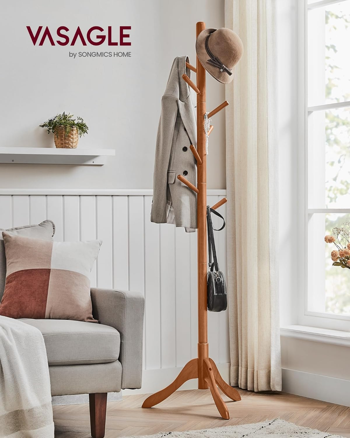 VASAGLE Solid Wood Coat Rack, Free Standing Tree-Shaped Coat Rack with 8 Hooks, 3 Height Options, for Clothes, Hats, Bags, Living Room, Bedroom, Home Office, Caramel Brown URCR01WN image number 4