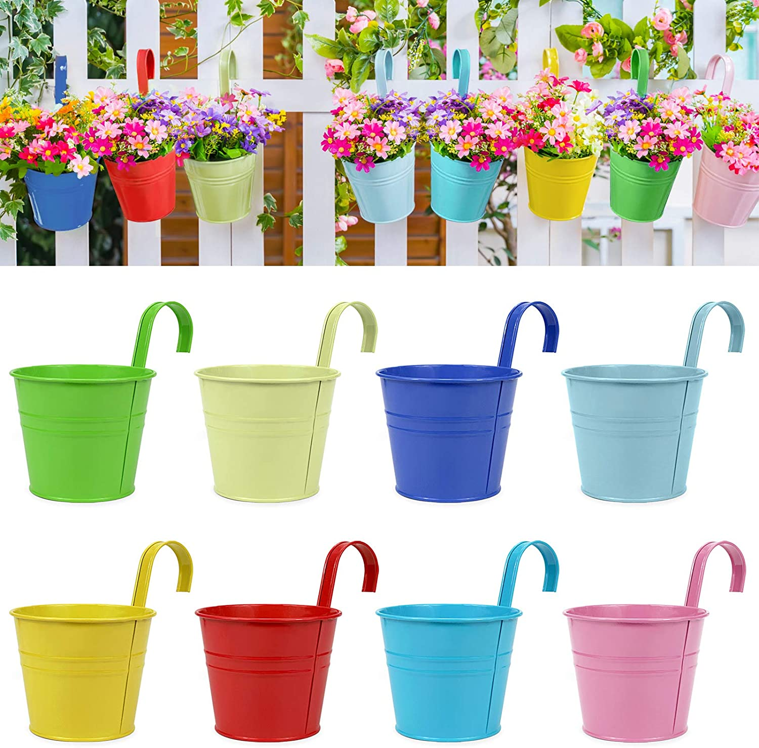 RIOGOO 8Pcs Hanging Flower Pots, Metal Iron Planters - Detachable Hook (Medium, Multicolor) image number 5