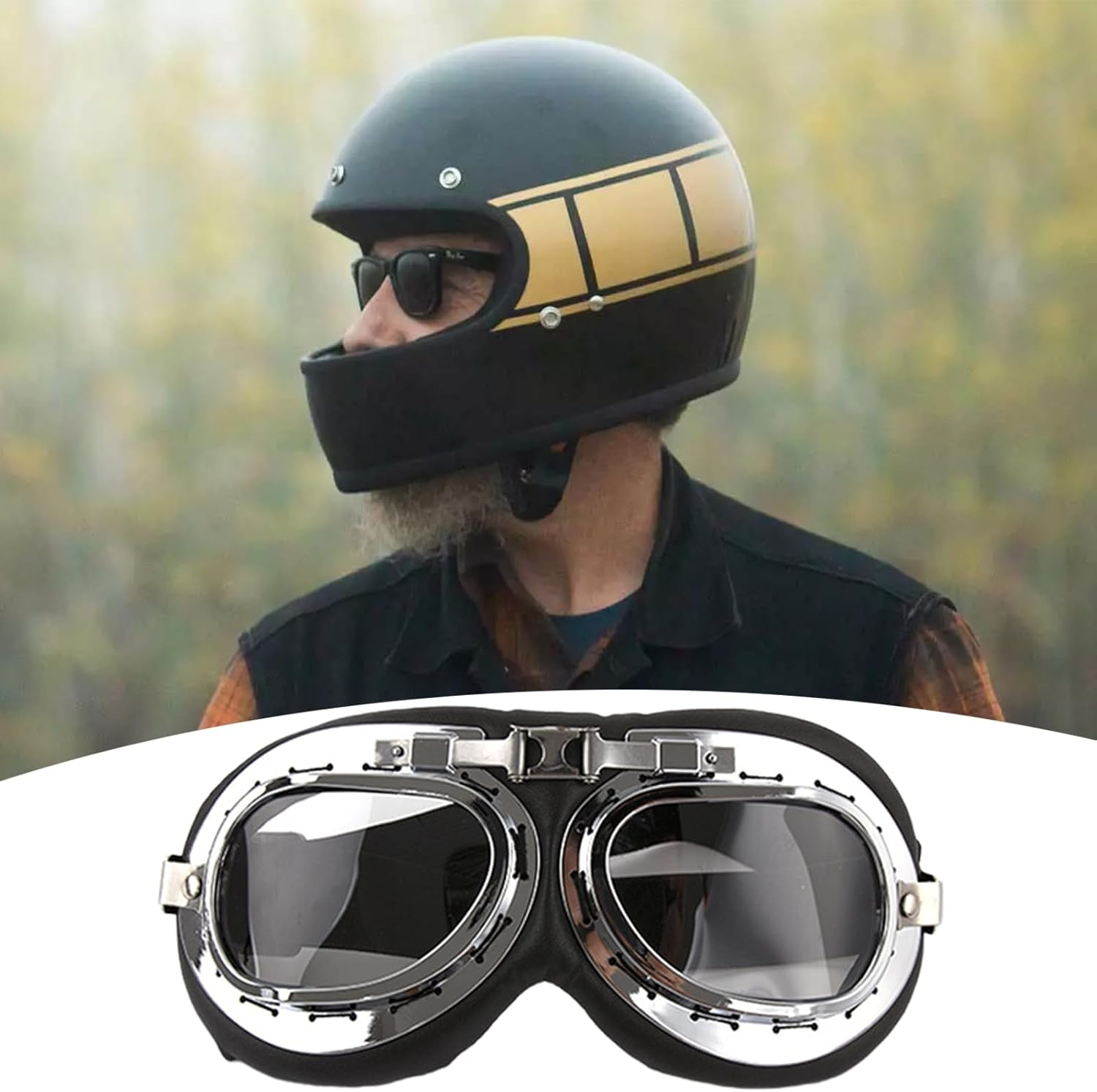 Atv Goggles, Vintage Motorcycle Riding Glasses for Pilot, Outdoor Eyewear with Adjustable Straps, Dustproof Motorcycle Goggles over Glasses for Motorcycle - Silver image number 3