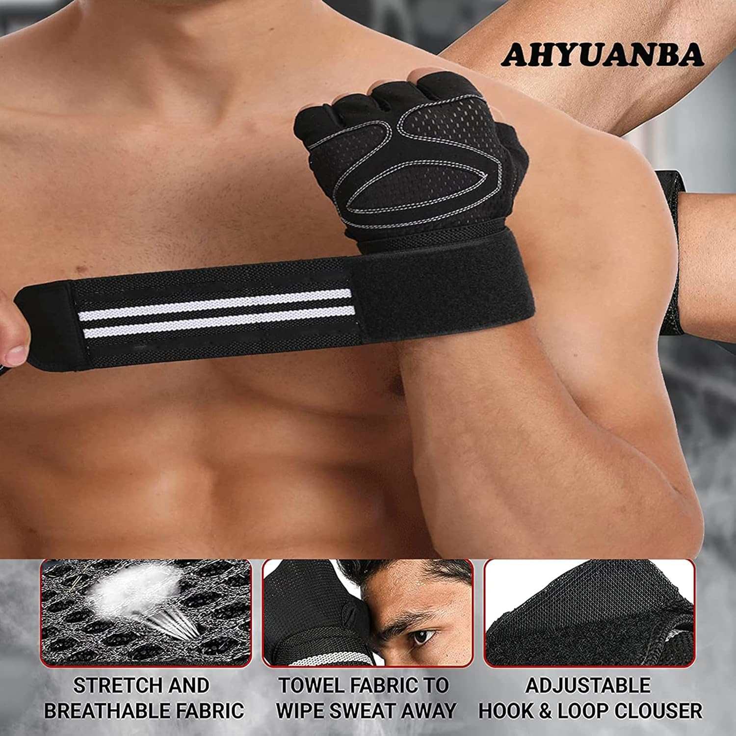 Workout Gloves for Men and Women,Weight Lifting Gloves with Wrist Wrap Support,Breathable and Non-Slip,Fingerless Gym Gloves with Full Palm Protection for Weightlifting,Fitness,Exercise,Training image number 3