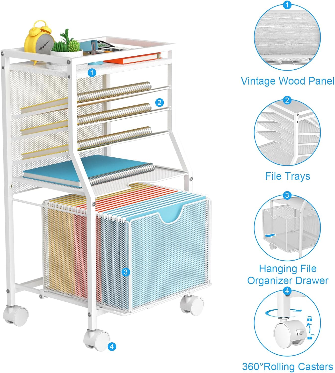 BOHDK Rolling File Cart, 6-Tier under Desk Organizer on Lockable Wheels, Wood Planks & Mesh File Cart with Sliding Drawer and Paper Trays for Office Home School, 14.8" L X 11.8" D X 27.7" H, White image number 1