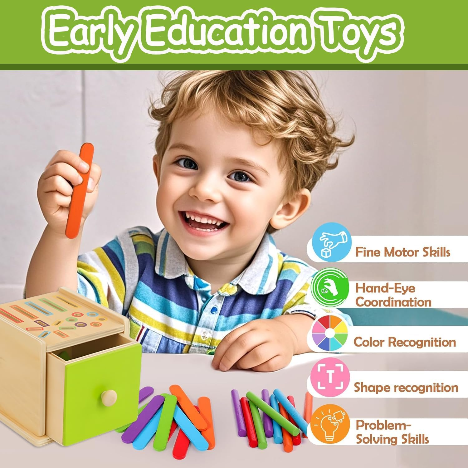 TUNJEJINY Montessori Toys for Toddlers,Wooden Coin Box Color Sorting Toy, 3-In-1 Educational Fine Motor Sensory Matching Games for Girl Boy Child Gifts (Round Stick+Ice Cream Stick+Shape) image number 6