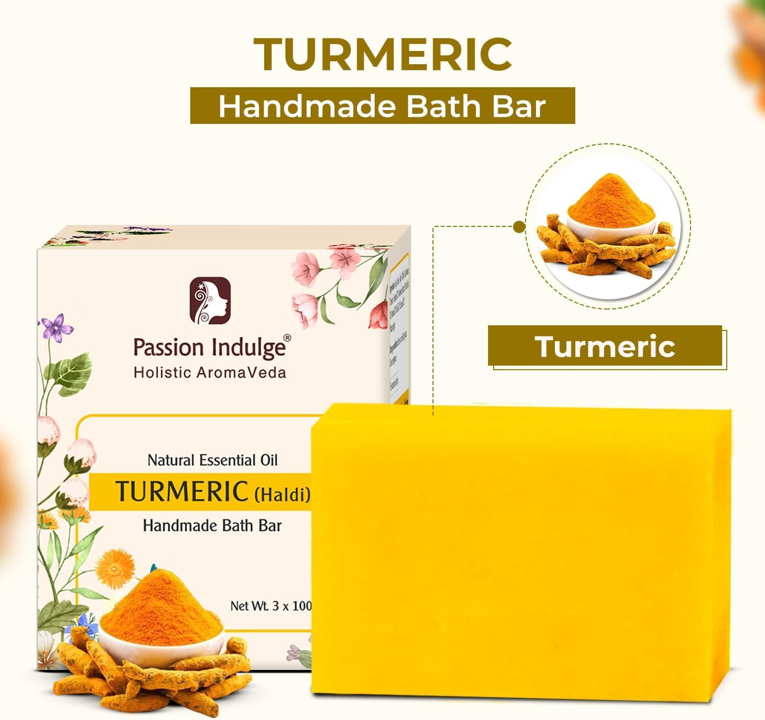 Passion Indulge Ayurvedic Turmeric Handmade Soap Bar &ndash; Pack of 3 | Natural Essential Oil | Deep Cleansing & Moisturizing | for All Skin Types image number 1