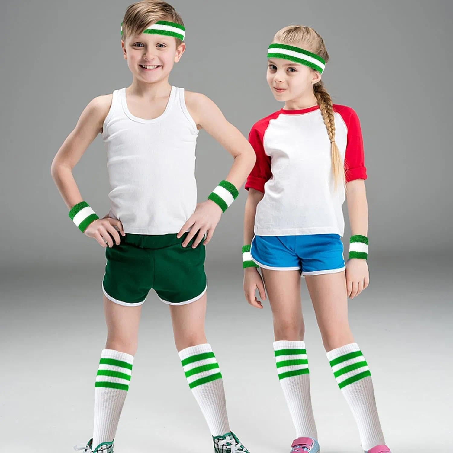 10-Piece 80S 90S Retro Stripe Sweatband & Socks Set - Wristbands and Headbands for Men & Women, Sports Fitness Accessories - Yellow image number 7