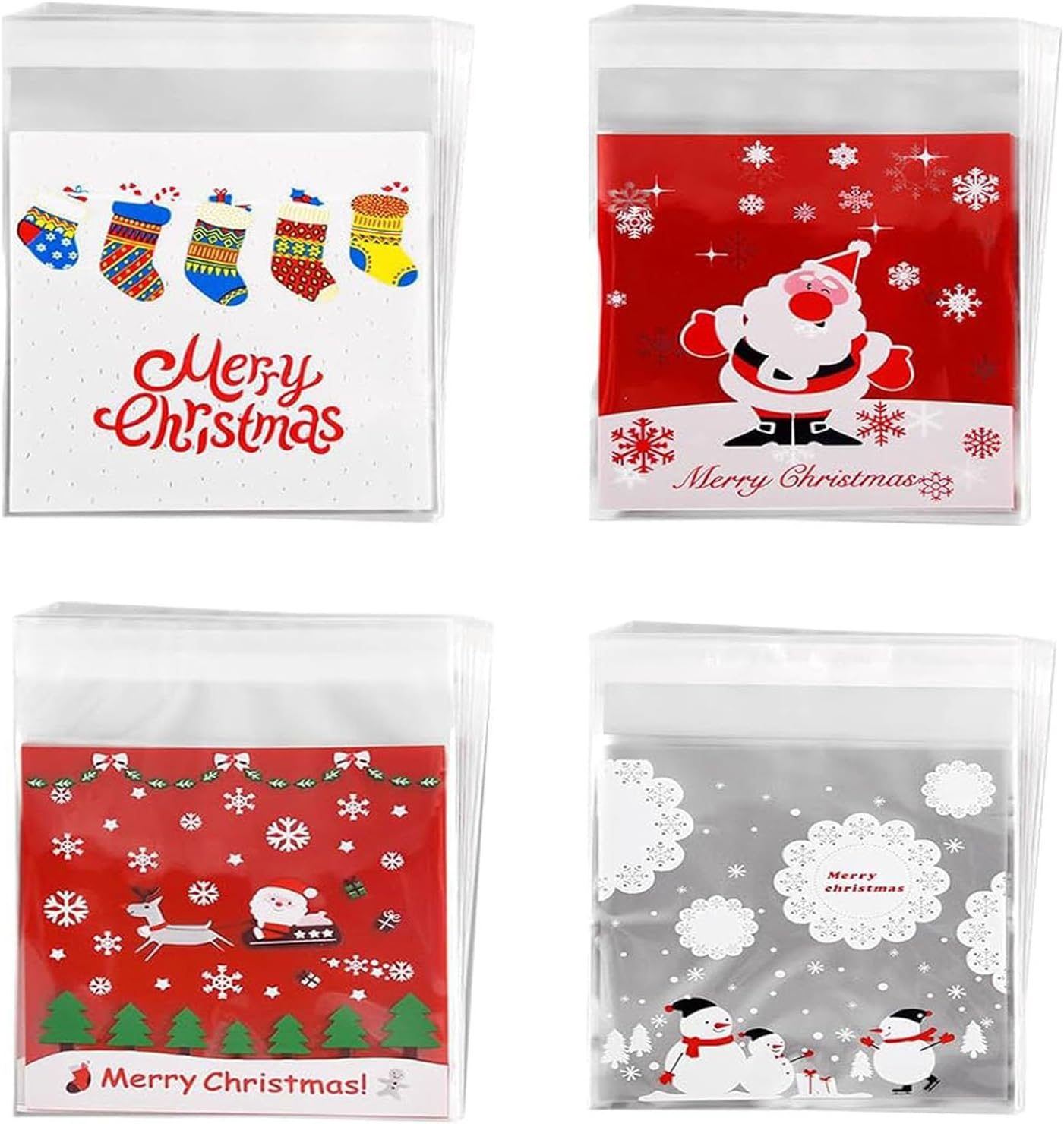 Christmas Self-Adhesive Candy Cellophane Bags,Tuoyi 200Pcs 4 Different Patterns Xmas Treat Cookie Bags for Christmas Holiday Party Favor Gift Decoration Supplies image number 6