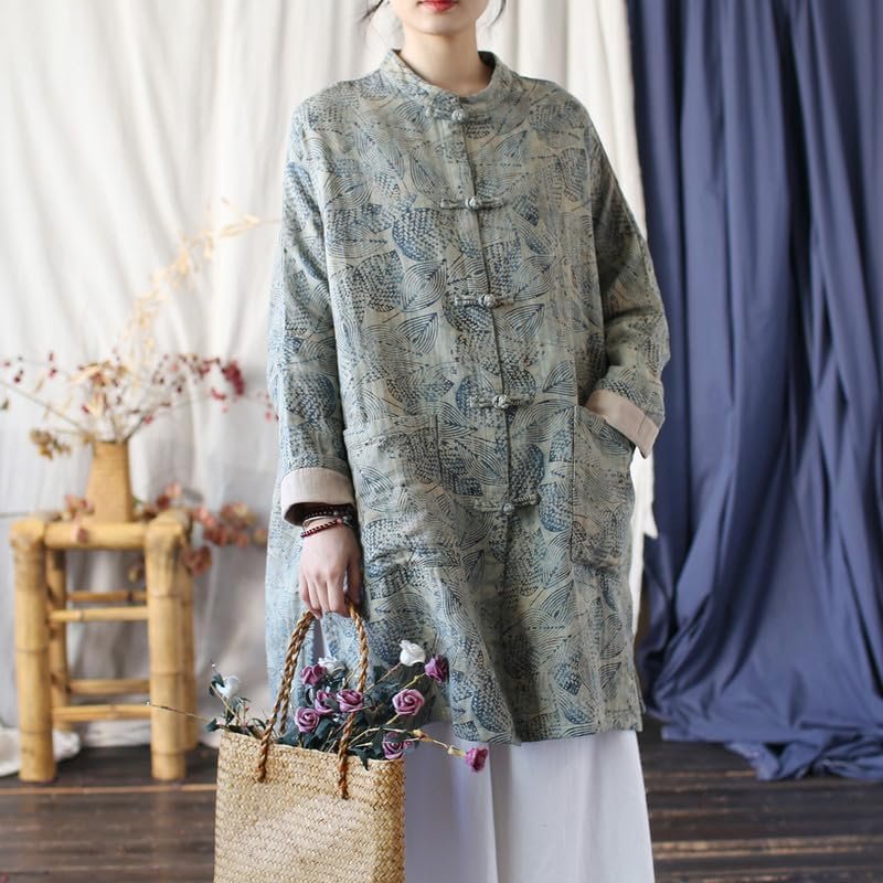 Women'S Vintage Chinese Style Cotton Linen Jacket Long Sleeve Frog Button Loose Leaf Print Tunic Top