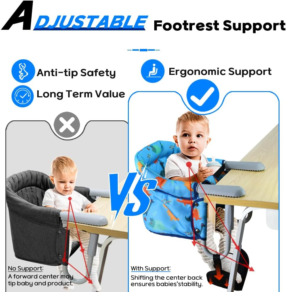 Hook-On High Chair with Adjustable Footrest,Portable, Foldable Baby Feeding Chair for Babies 6-36 Months, Quick Setup with Carry Bag,Table Chair for Travel & Home Use(Blue Dinosaur) - Blue Dinosaur image number 4