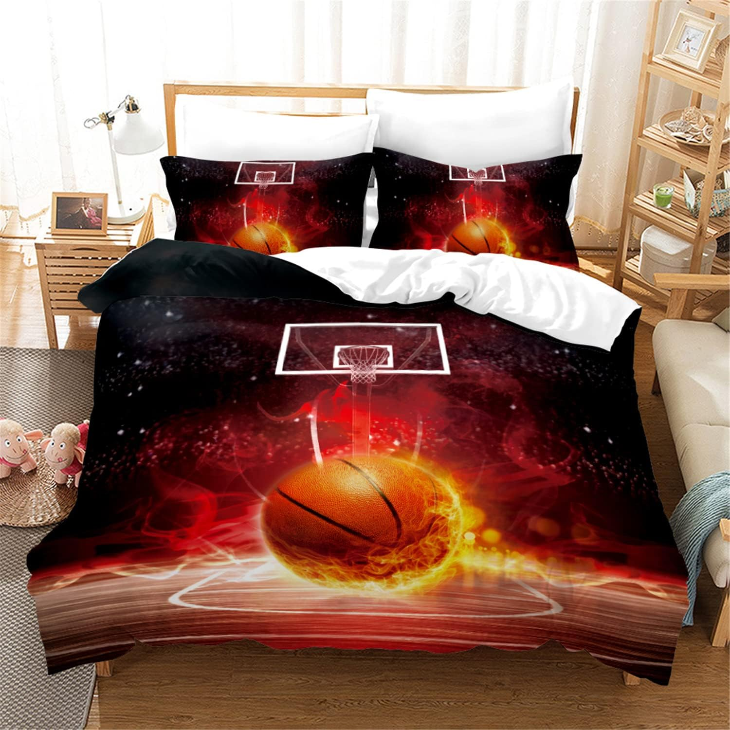 Eveone Duvet Cover Basketball Single/Double/Queen/King Size Bed Sheets Pillowcase Set Cartoon Ball Boy Dunk Sport Fire Orange Game Black Kid Astronaut Bedding 3/4PCS (Double-180 * 210Cm-3Pcs,1) image number 2