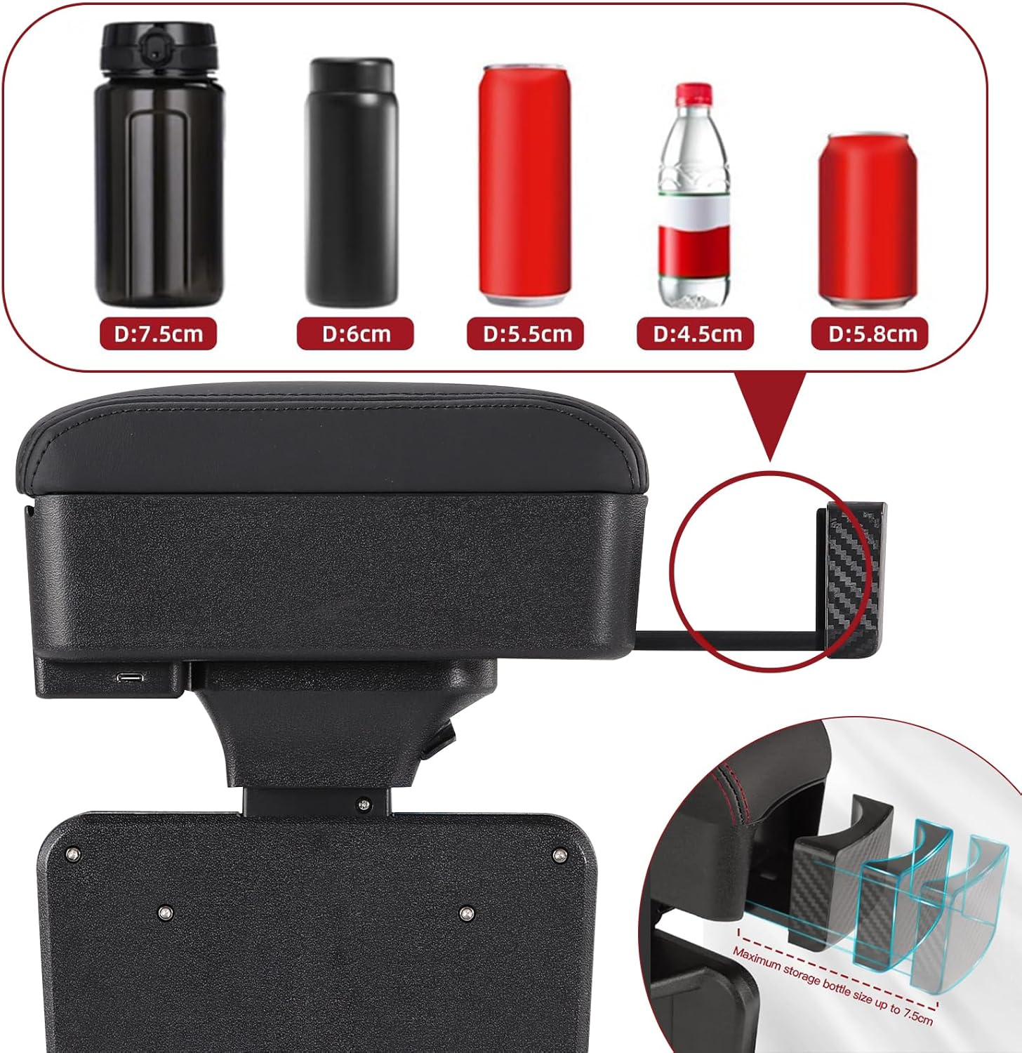 Upgrade Car Leather Armrest Expander Support Elbow Rest Pad, Universal Auto Armrest Box Gap Filler Organizer, Adjustable Height, with Cup Holder, Arm Rest Car Interior Accessories (Black)