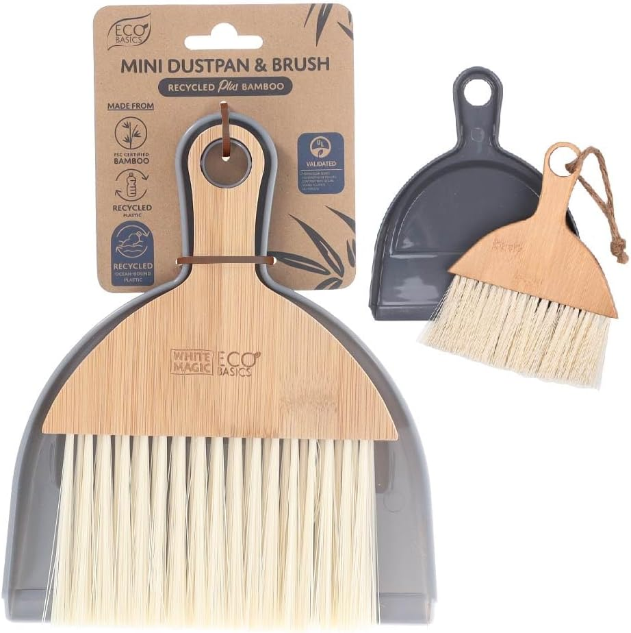 Eco Basics Mini Dustpan & Brush &ndash; FSC Bamboo Handle, Ocean-Bound Hard Plastic & Post-Consumer Recycled Bristles, Compact Set for Tabletops, Countertops, Desk, Pets Hairs, Keyboard Clean-Ups, 16.5X20Cm