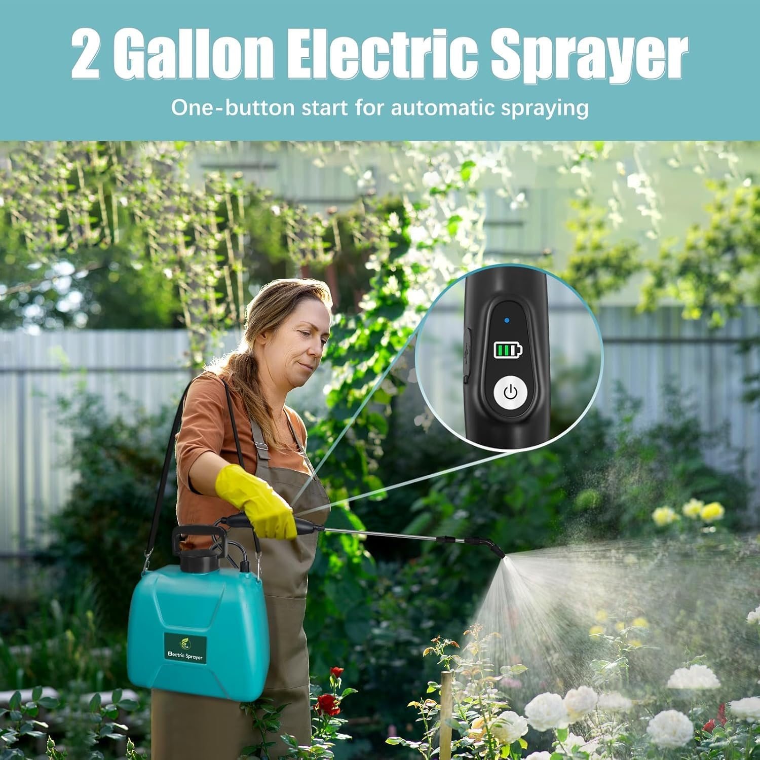 Electric Sprayer with 3 Adjustable Speed, Battery Powered Pump Sprayer, 2 Gallon Garden Sprayer with Retractable Wand, 4 Mist Nozzles, Adjustable Shoulder Strap for Lawn, Yard, and Garden image number 4