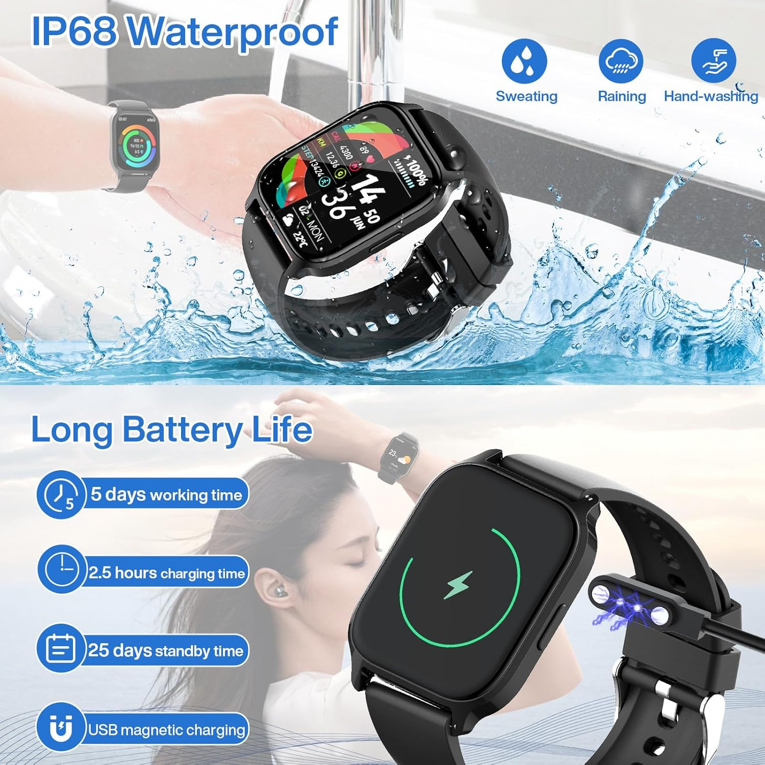 Smart Watch for Women Men, Blood Pressure Monitor Fitness Tracker, 1.85'' HD Touch Screen Pedometer, Calories, Heart Rate Sleep Monitor, IP68 Waterproof Activity Tracker Android Ios