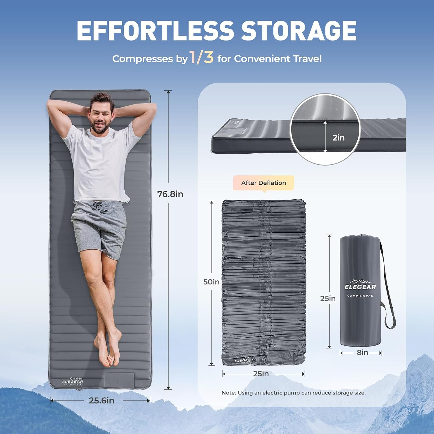 Elegear Air & Foam Camping Sleeping Pad, Hexafoam Camping Mattress Pad with Built-In Foot Pump Memory Foam Camp Pad 4-Season Camp Sleeping Mat for Travel/Car/Tent image number 6