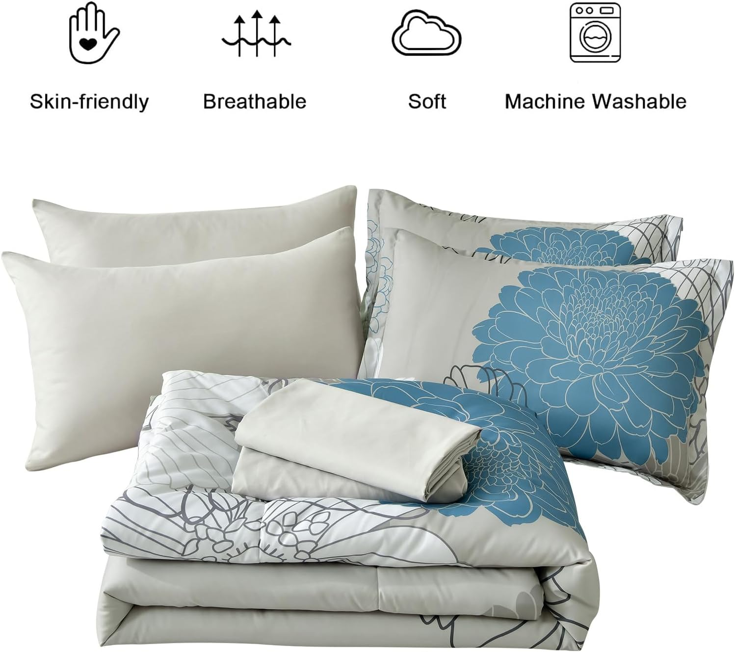 Yiran 7 Pieces Bed in a Bag Blue Floral Comforter Set Queen Size Flowers Comforter Set Soft Microfiber Bedding Set (1 Comforter 1 Flat Sheet 1 Fitted Sheet 2 Pillowshams 2 Pillowcases) image number 5