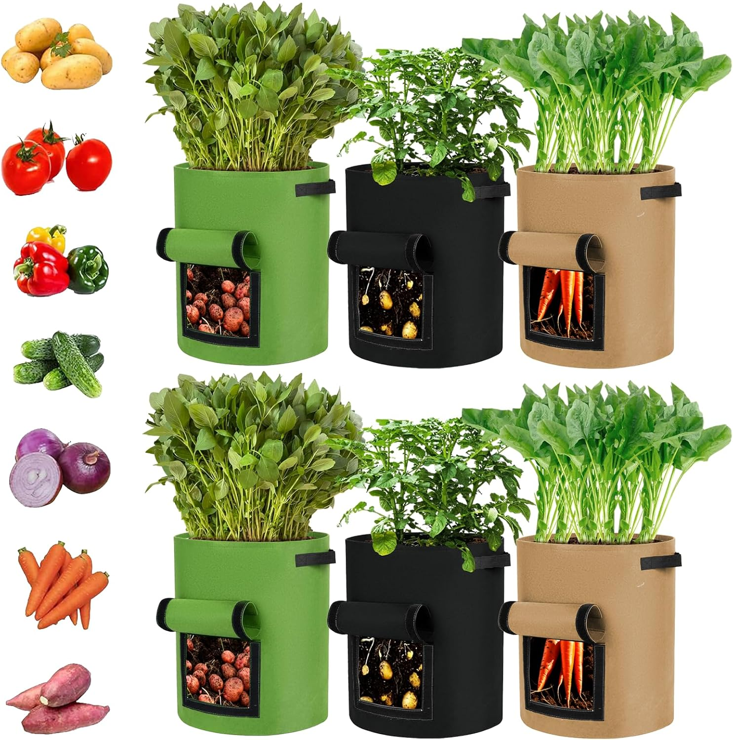 6 Pack Garden Grow Bags,Heavy Duty Grow Bags with Viewing Window and Handle,Felt Plant Bags with for Tomato Potatoes Vegetables image number 5