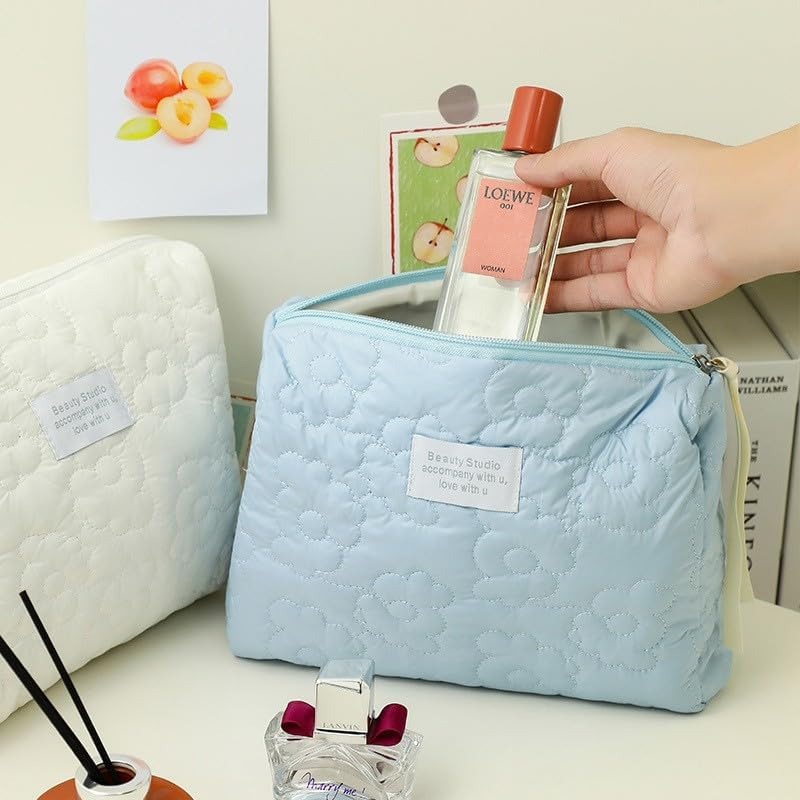 Floral Quilted Makeup Bag with Zipper - Multifunctional Cosmetic Pouch for Storage and Organization - Toiletry and Beauty Essentials Carrier, Perfect for Travel and Daily Use - Blue (28X15Cm) image number 3