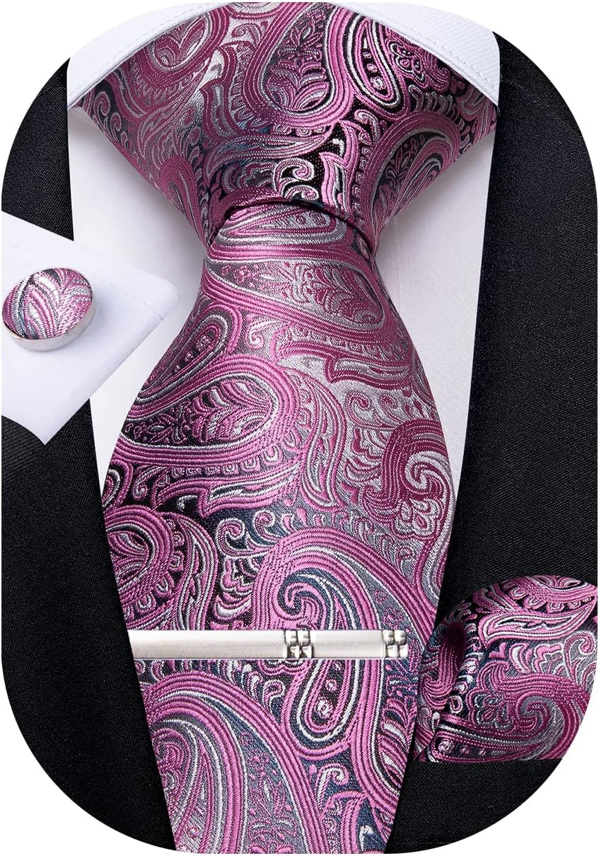 Dibangu Men'S Necktie Handkerchief Silk Paisley Floral Tie Pocket Square Cufflinks Tie Clip Set