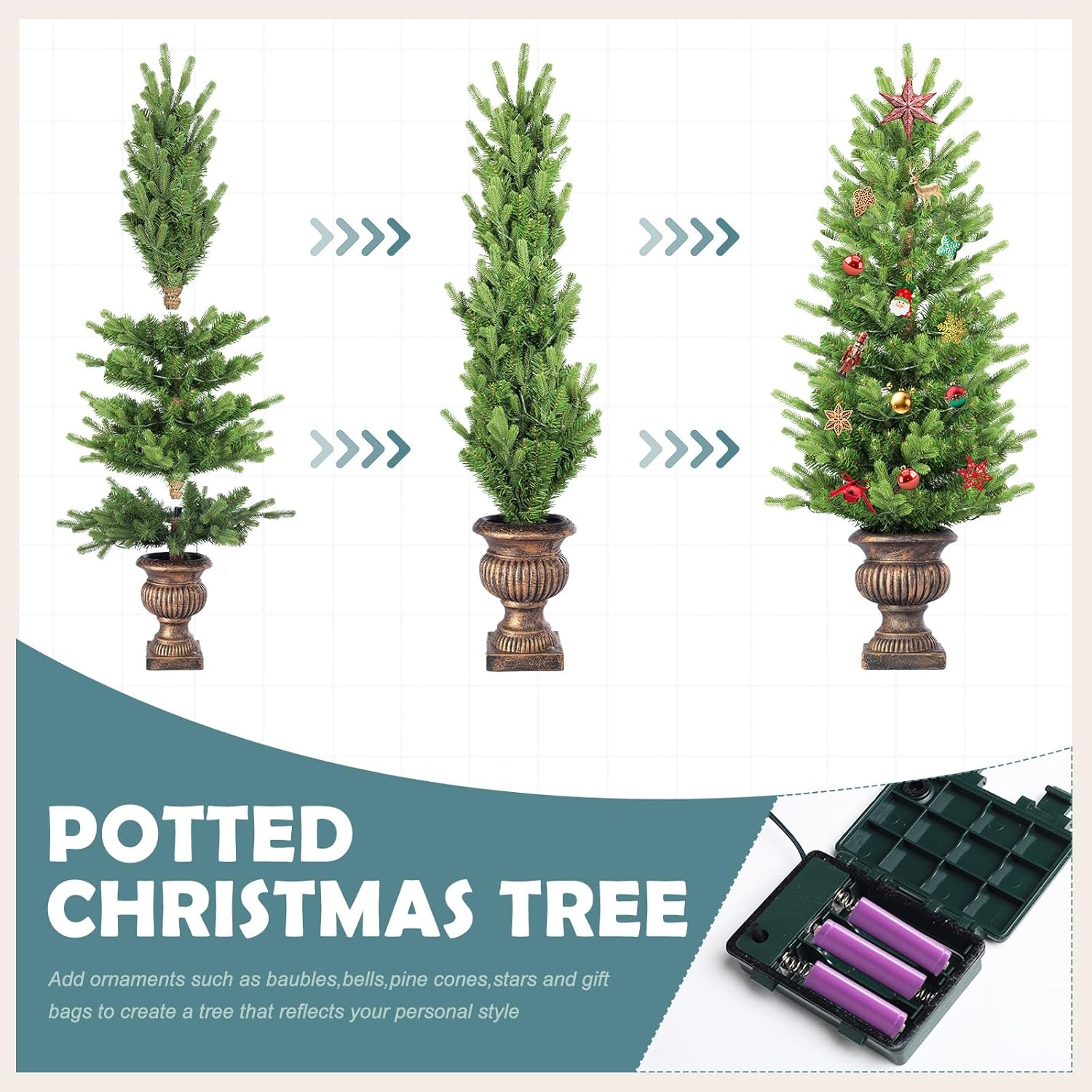 Outdoor Christmas Trees for Porch Entrances,Green Pine Branches and 100 LED Lights Pre-Lit Potted Artificial Christmas Tree for Front Door - 4Ft（Battery Box） image number 1