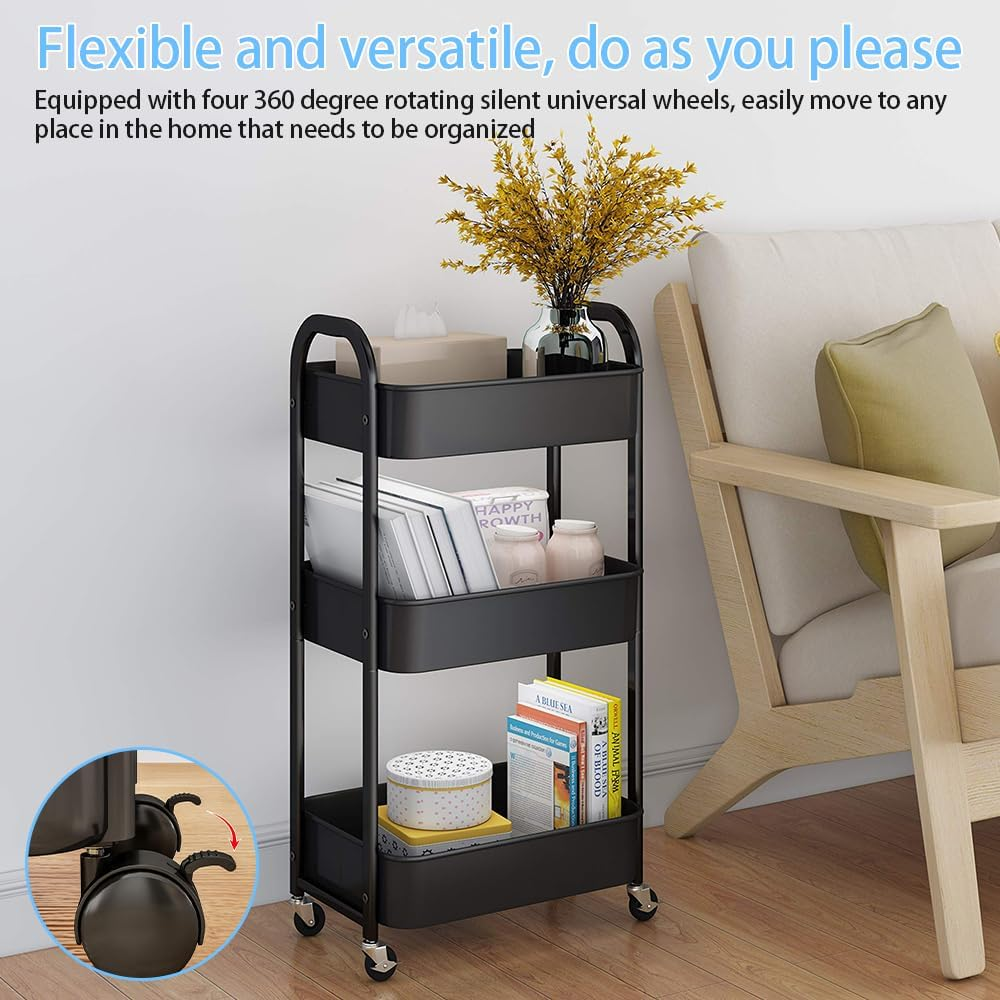 Storage Rolling Cart, 3-Tier Snack Organiser Trolley, Rolling Shelf with Wheels & Hooks,Movable Storage Organizer for Home Kitchen Organization (Black image number 1