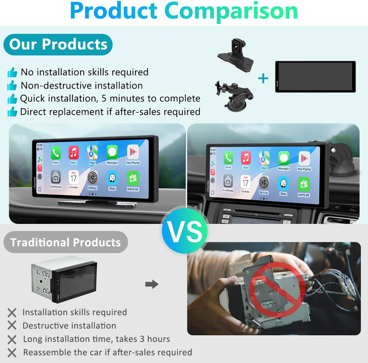 Portable Car Stereo, Carpuride V92 Wireless Carplay & Android Auto, 10.26 Inch 1080P HD Touch Screen Radio with BT 5.0, Mirror Link Support Truck RV Dash Mount image number 1