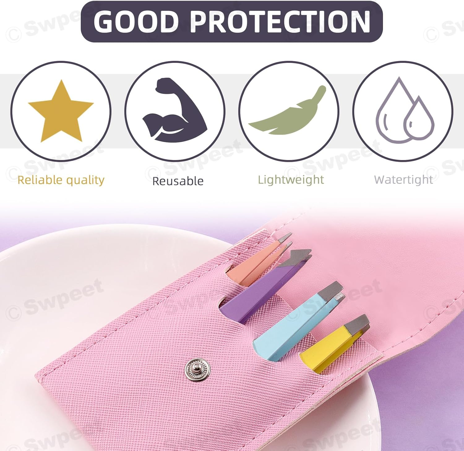 Swpeet 4Pcs 3.79 Inches Multi-Color Eyebrow Tweezers Stainless Steel Tweezers Kit with Leather Travel Case, Professional Slant Pointed Precision Tweezers Great Precision for Eyebrows Facial Hair