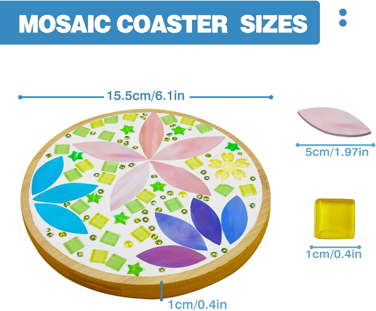 Glass Mosaic Tiles, Mosaic Kit with 6.1 Inch Bamboo Coaster, Crafts for Adults Mixed Colors Mosaic Kit Mosaic Crafts Materials Package Mosaic Supplies for Coaster Handmade Home Decor Gifts (Round 1)