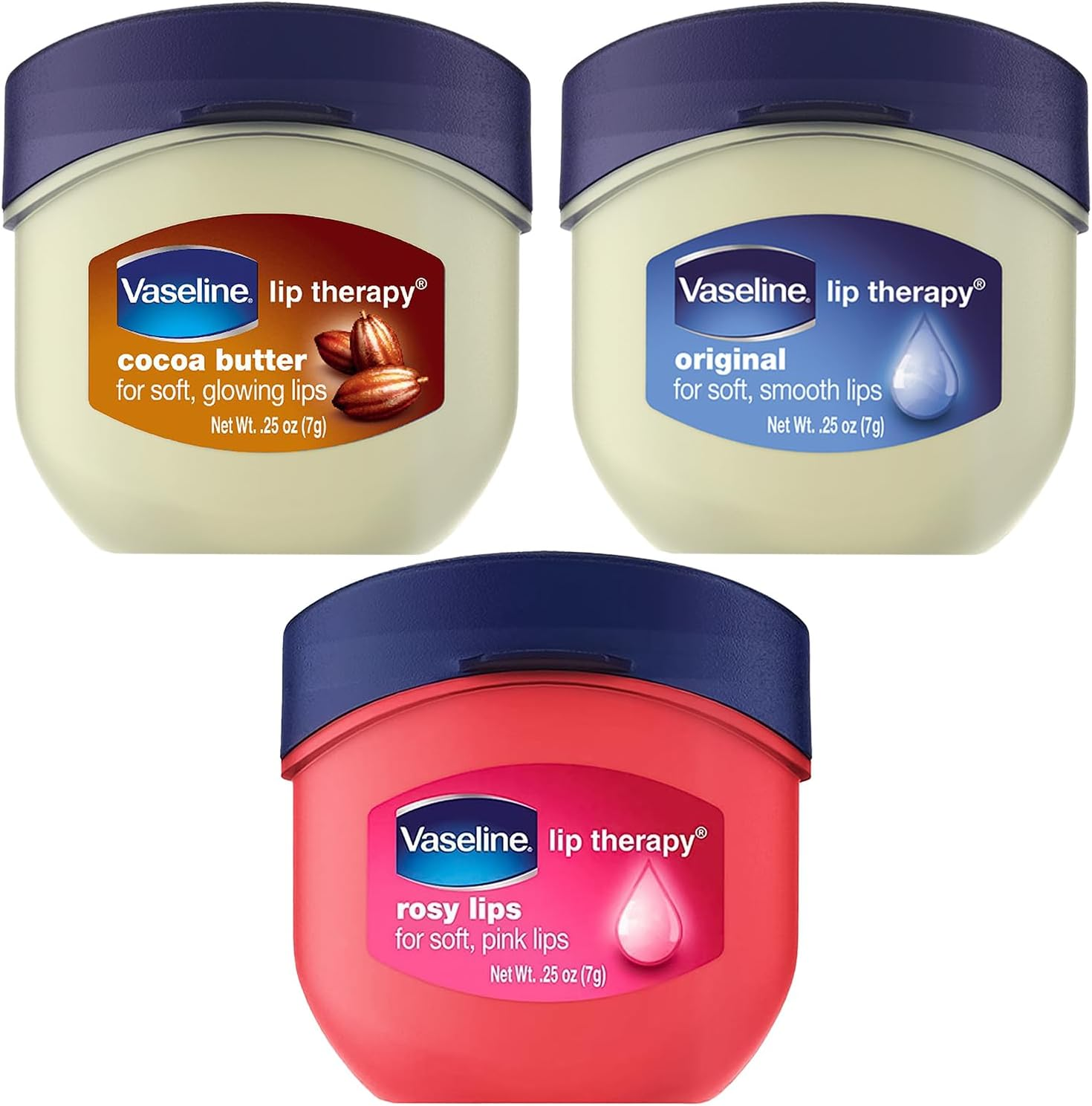 Vaseline Lip Therapy Variety 3-Pack &ndash; Original, Rosy Lips, Cocoa Butter Lip Balm Moisturizers in Mini Jars, 0.25 Oz Ea