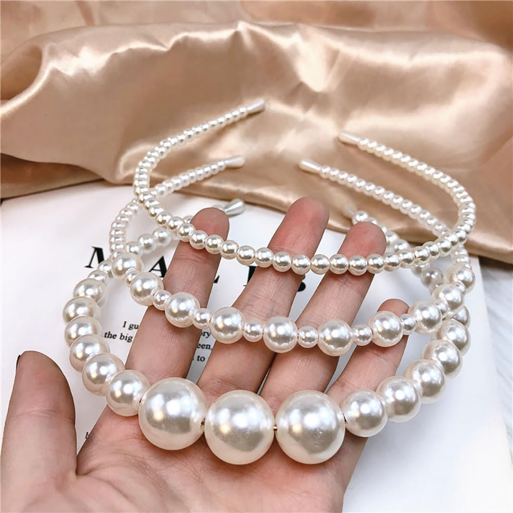 Leanockesa 3 Pcs Vintage Bridal Pearl Headband Set, Large Ivory Simulated Pearl Tiara Crown Hair Hoop for Women and Girls, Wedding Prom Party Hair Accessories (Beige,Three Styles) ﻿﻿ image number 6