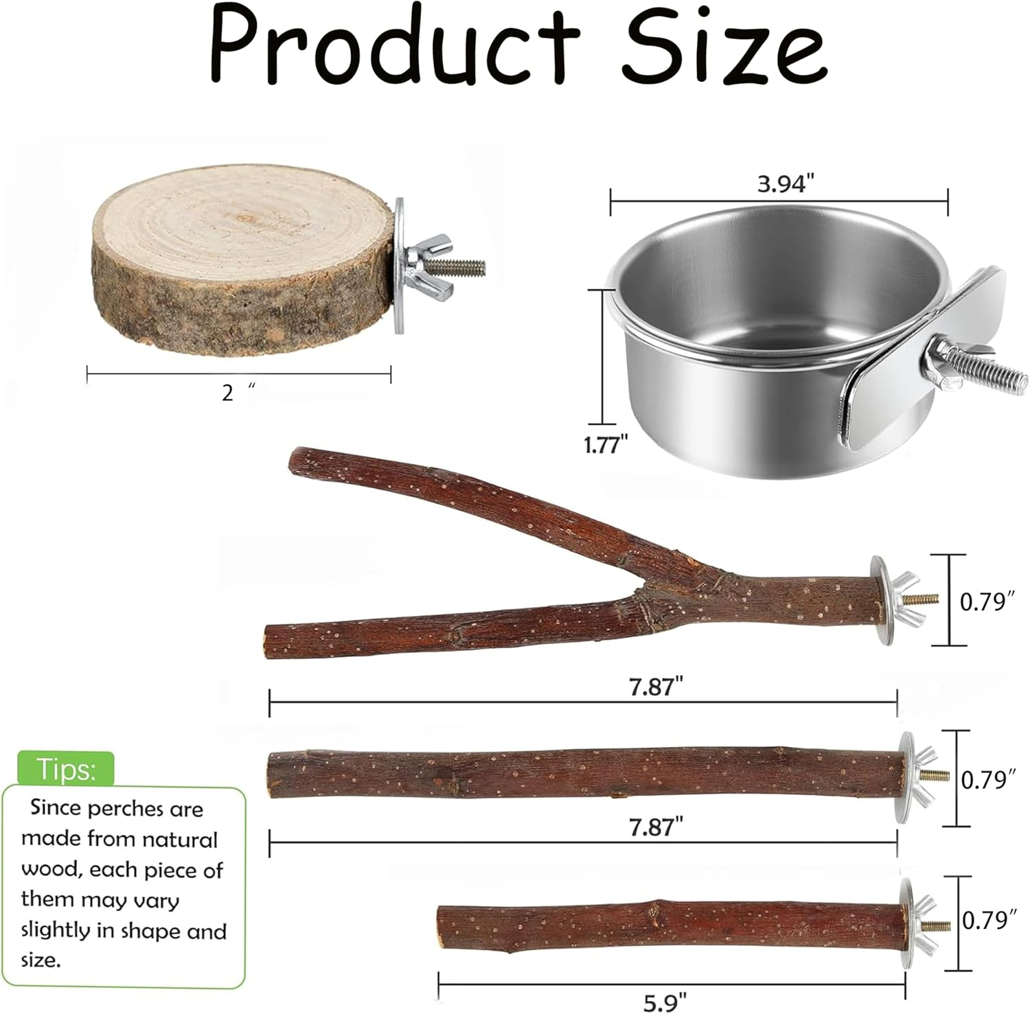 Bird Perches 6 Pack Parakeet Toys Wooden Parrot Stand Branch,With Bird Feeding Cup Set,Round Platform Paw Grinding Stick Platform Bird Exercise Training Climbing Toys for Bird Cage Accessories image number 5