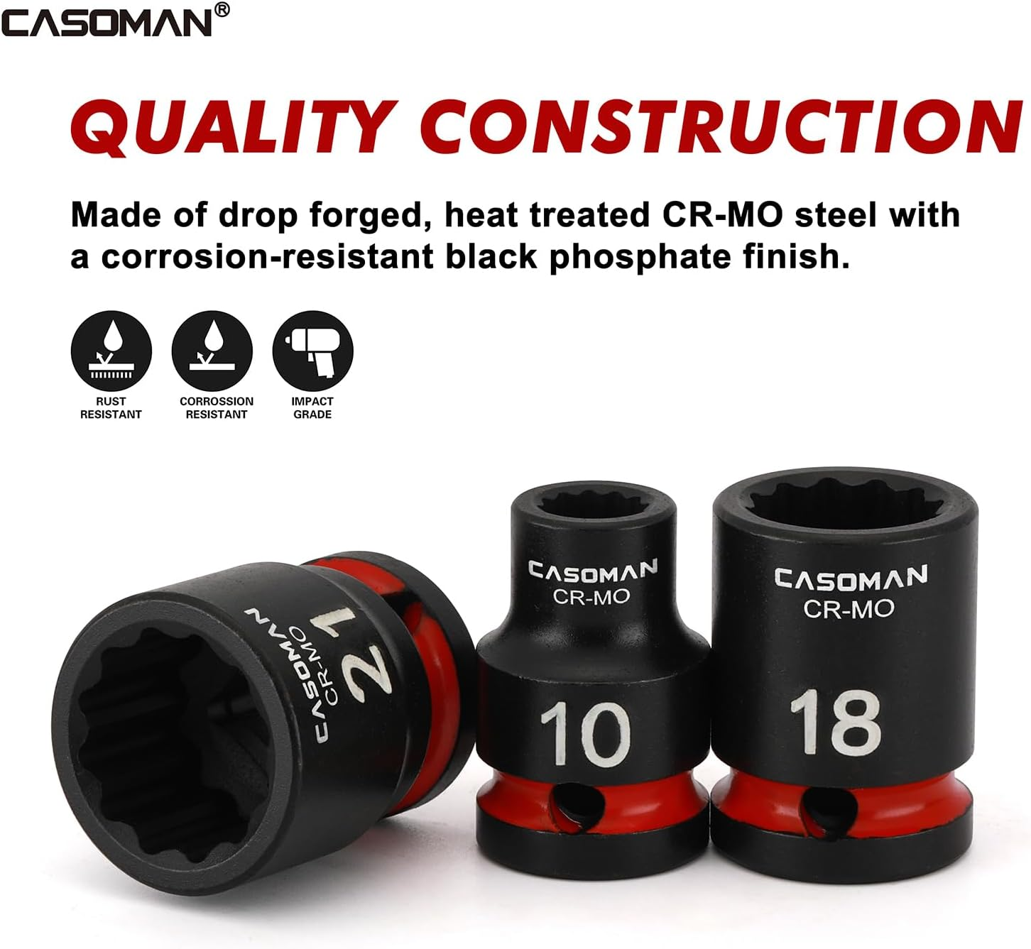 CASOMAN 26-Piece 1/2" Drive Standard Impact Socket Set, 12-Point, Metric, 10Mm - 36Mm, CR-MO Steel, with Storage Case image number 3