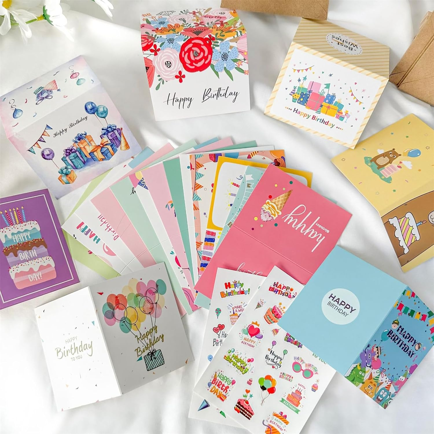 20PCS Happy Birthday Cards Assortment, 7.5 * 10CM Blank Cards with Envelopes and Stickers, Unique Happy Birthday Greeting Cards for Family, Kids, Friends and Office image number 2