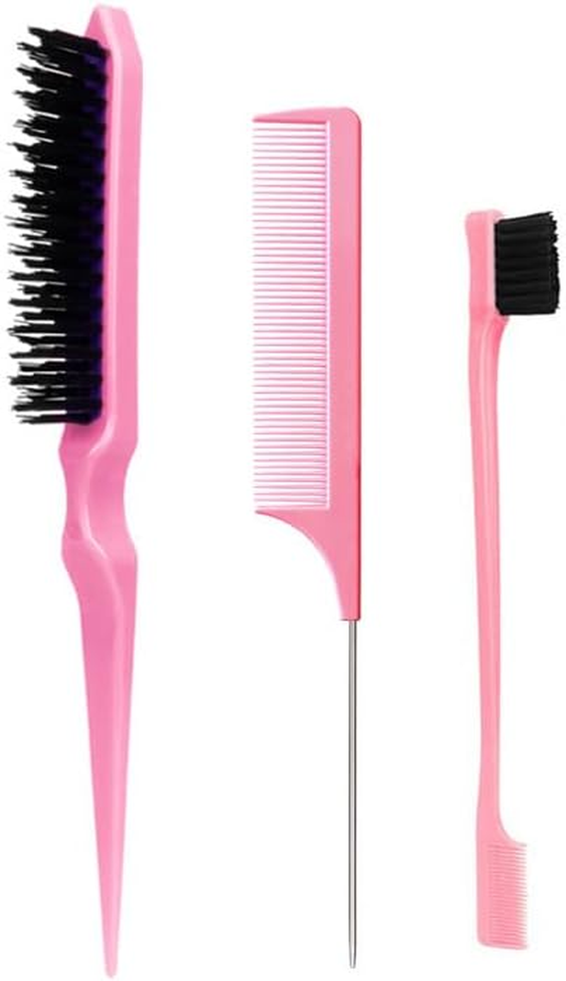 Slick Back Hair Brush Set Bristle Hair Brush Teasing Comb for Women Hair,Bristle Hair Brush Used to Remove Hair and Debris 3Pcs(Pink) image number 1