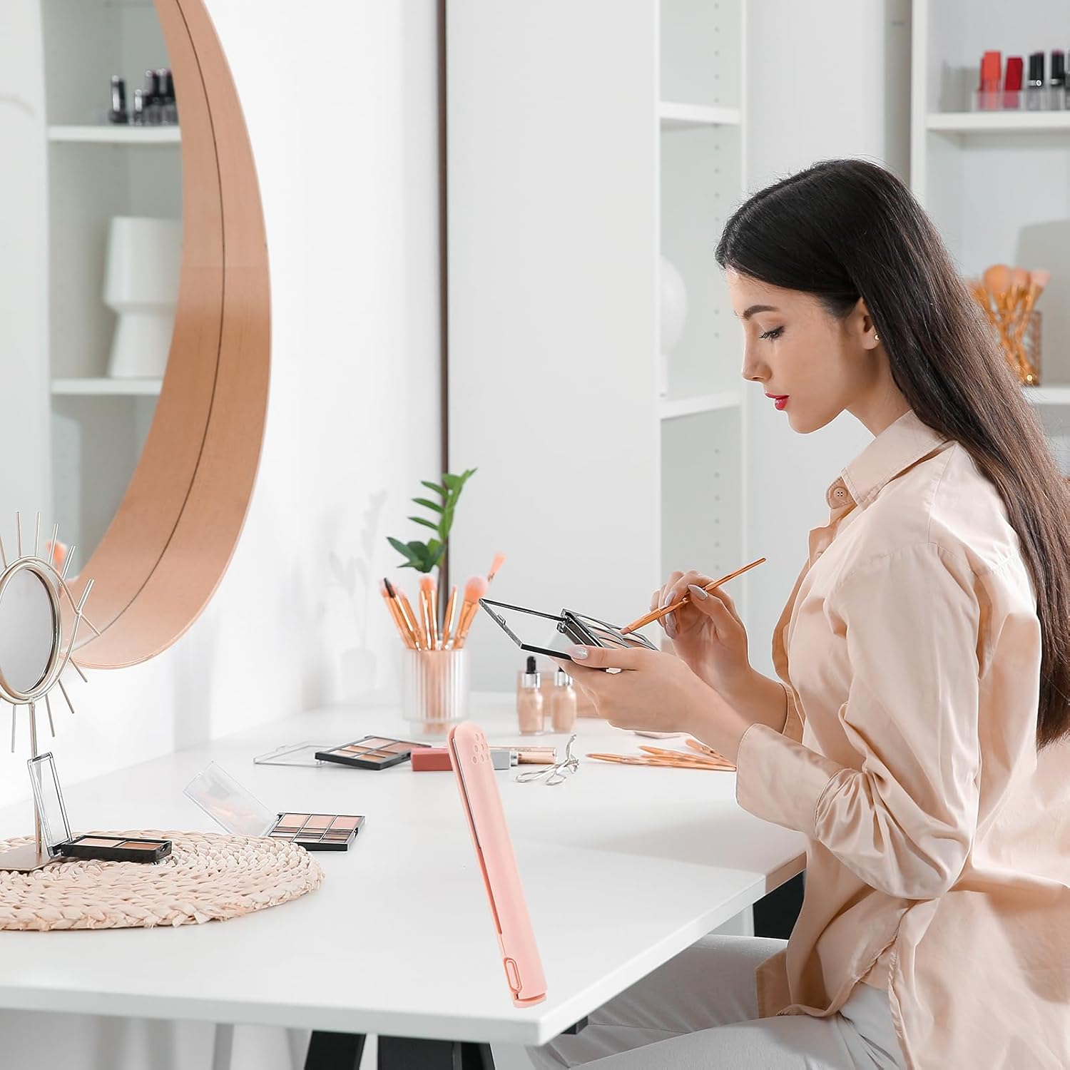 Mini Dual Purpose Curling Iron, 2-In-1 Mini Curling Iron & Hair Straightener, Portable Small Curling Iron for Short Hair, USB Rechargeable (White) - Pink image number 2