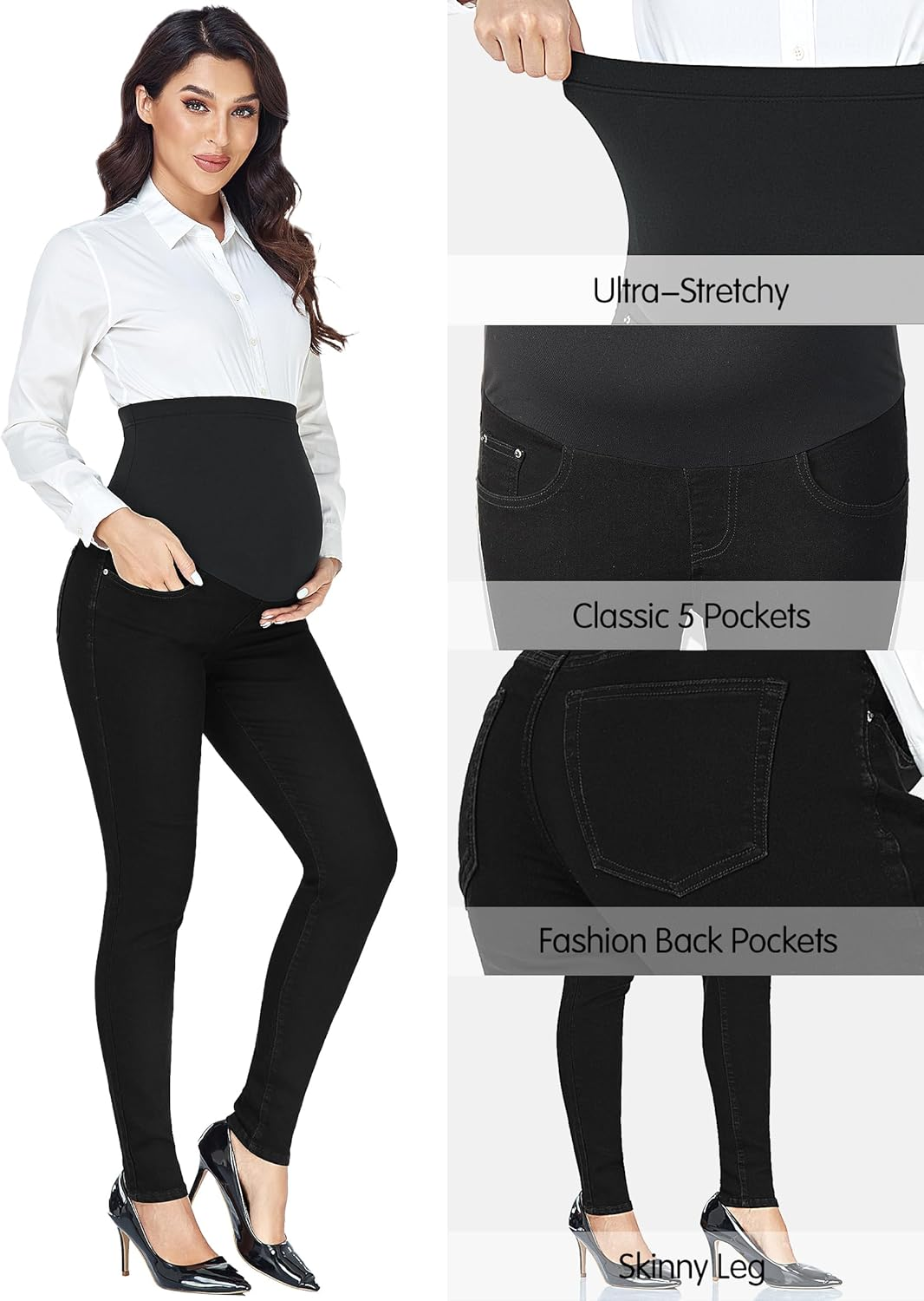 PACBREEZE Women'S Maternity Jeans over the Belly Slim Stretchy High Waist Denim Skinny Pants with Pockets (Black, XX- Large), Black image number 4