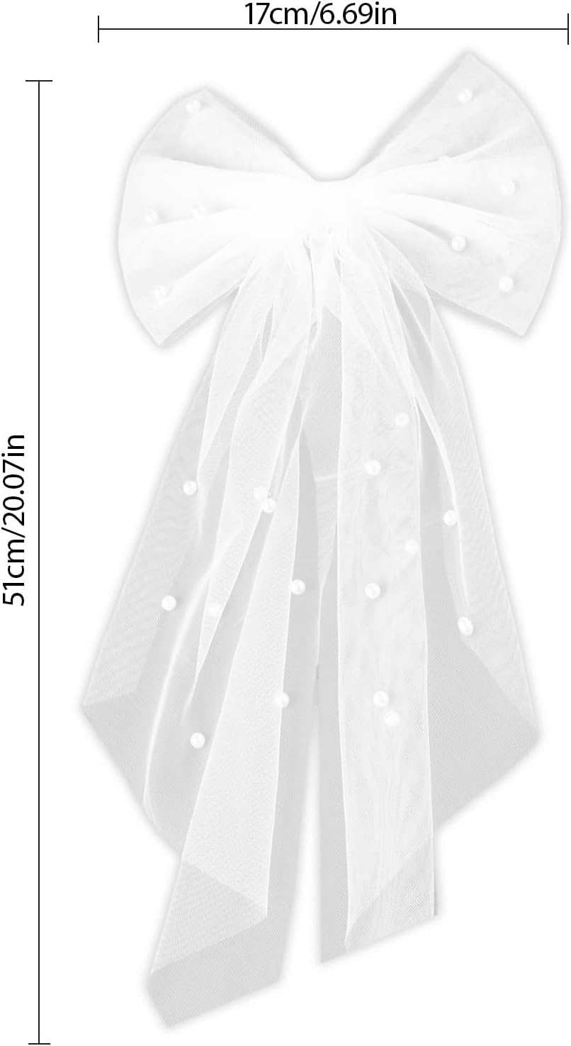 AYNKH 2Pcs Bridal Hair Bow Veil Pearl, White Bow Hair Clips Bridal Sweet Hair Accessories for Women Girls Birthday Shower Bridal Party image number 6