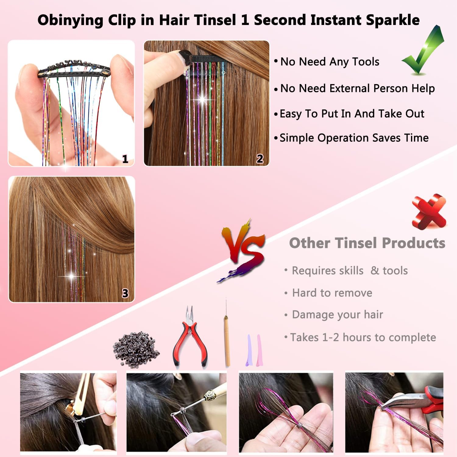 Obinying Hair Tinsel Pack of 18 Pcs Hair Tinsel Clip in 20.5 Inch Glitter Tinsel Hair Extensions Clip in Hair Tinsel Kit Party Festival Fairy Hair Accessories for Girls Women Kids (Silver)