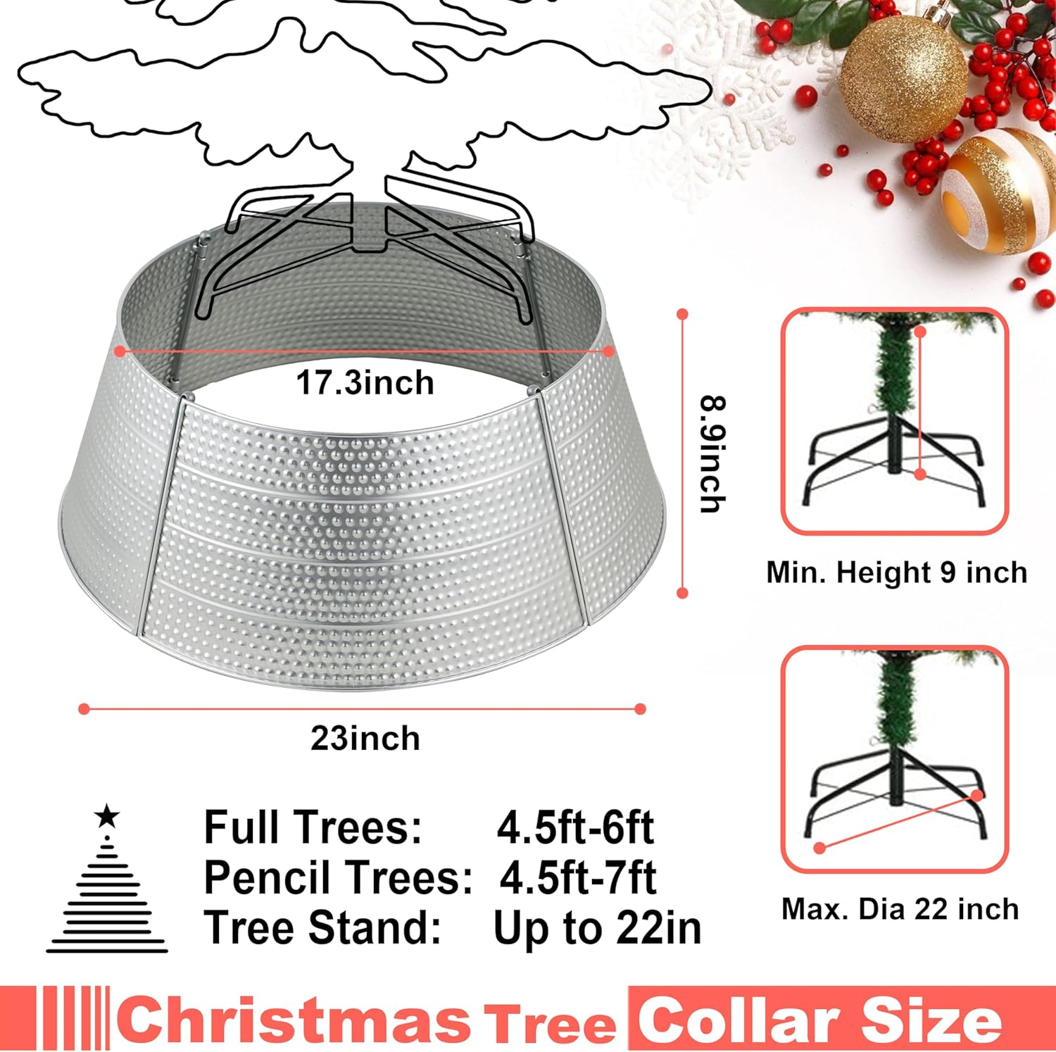Christmas Tree Collar and Skirt Set - 23" Festive Holiday Decor with Gold Metal Tree Collar Base Stand - Ideal for Real or Artificial Trees - Christmas Skirt Tree Basket Decorations Gift