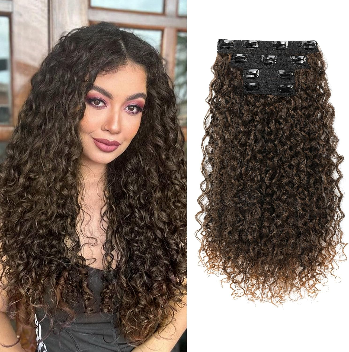 Clip in Hair Extensions, FLUFYMOOZ 4PC 100％ Pure Protein Silk Hair Extensions Long Soft Natural Hairpiece 20 Inch Curly Hair Extension for Women (Black Brown)