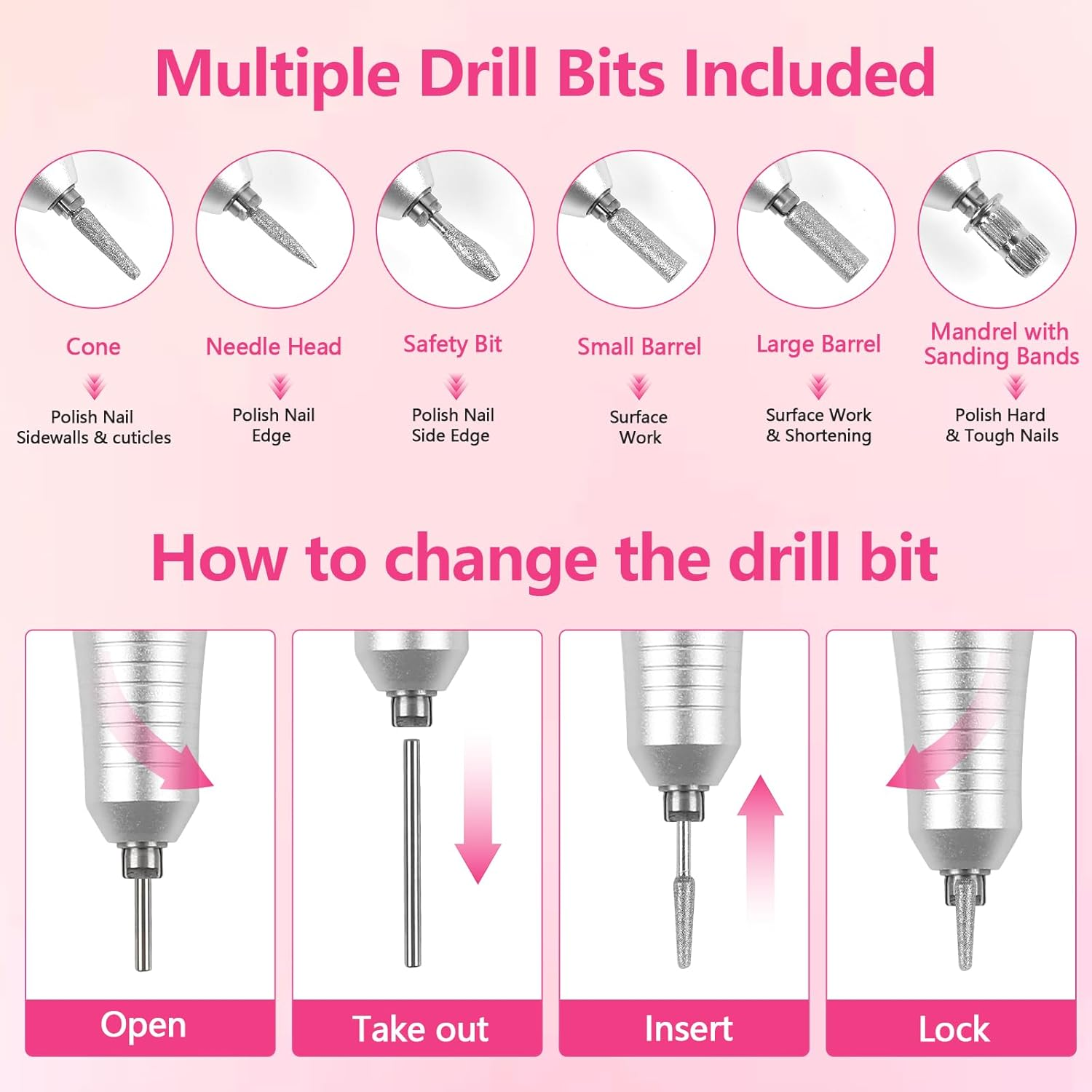 ANGNYA Nail Drill Electric File Machine Set for Gel & Acrylic Nails, Professional Efile Manicure Tools & Supplies for Tech Essentials (Pink)