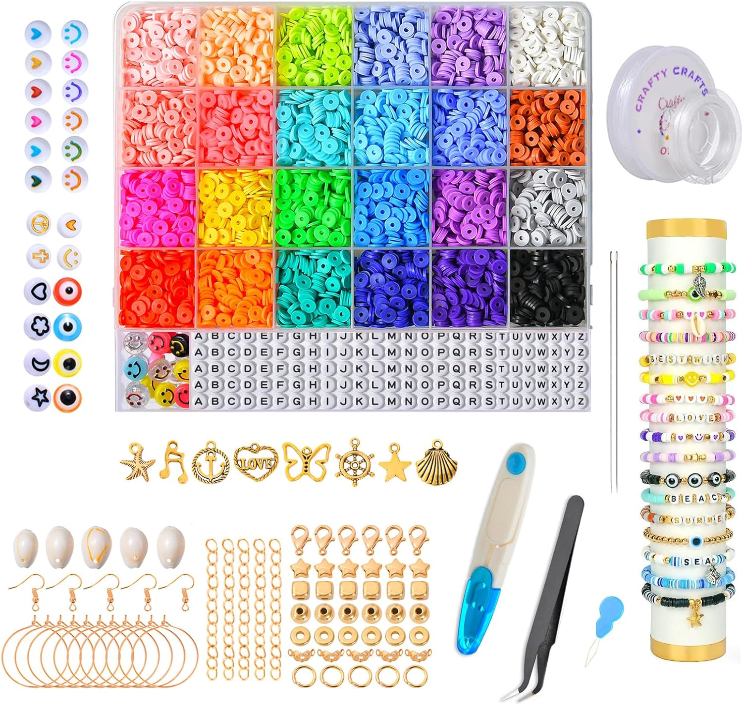 Crafty Carats Friendship Beads 7000+ Polymer Clay Beads Bracelet Making Kit, 24 Vibrant Colors, Flat Polymer Clay Beads, a to Z Letter Beads, Emoji and Smiley Beads Jewellery Making Supplies and Crafts Gift Set for All, Polymer Clay Beads Bracelet Making Kit, Black N White Color Palette Vintage Letter Beads, Charm Bracelet Making Kit, Mystical Charms, Elastic Chords and Clasps for Durable Fit, Hooks and Chain for Perfect Locking, Swifie Bracelets, with One Set of Forceps and Scissor #Onlyonamazon (7000, Plain) (Plain) image number 2