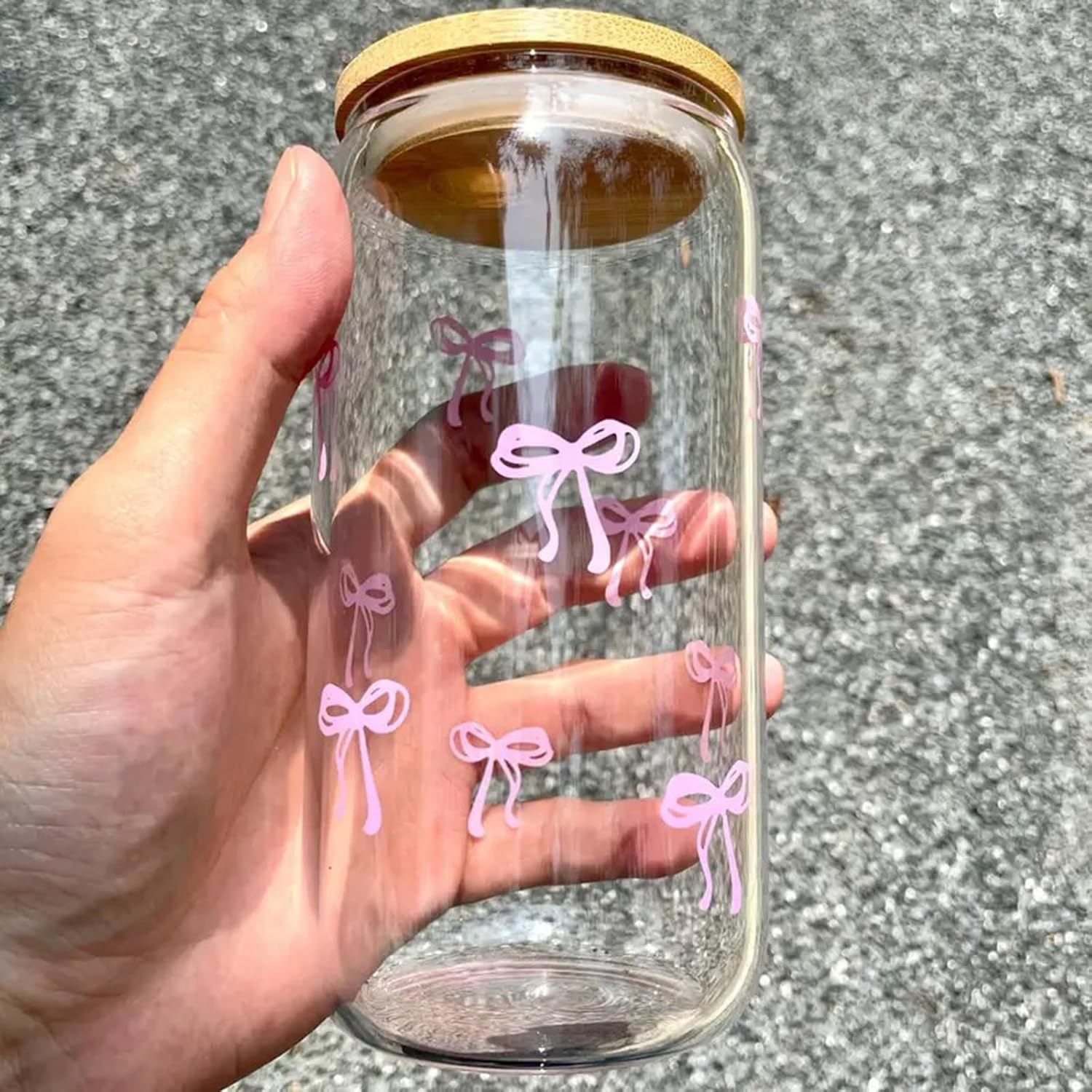 Pink Bow Tumbler with Straw and Lid Aesthetic Glass Cups Iced Coffee Cup Pink Cute Glass Cups 17Oz Tumbler Smoothie, Gifts for Girls Women Friends, 520Ml image number 1
