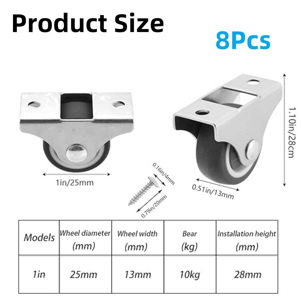 Furniture Wheels, 8Pcs 1 Inch Low Profile Rubber Non Swivel Silent Ball Bearing Furniture Caster Wheels,Load Bearing Silent Soft Rubber Drawer Wheels Wear-Resistant Plate Furniture Wheels image number 3