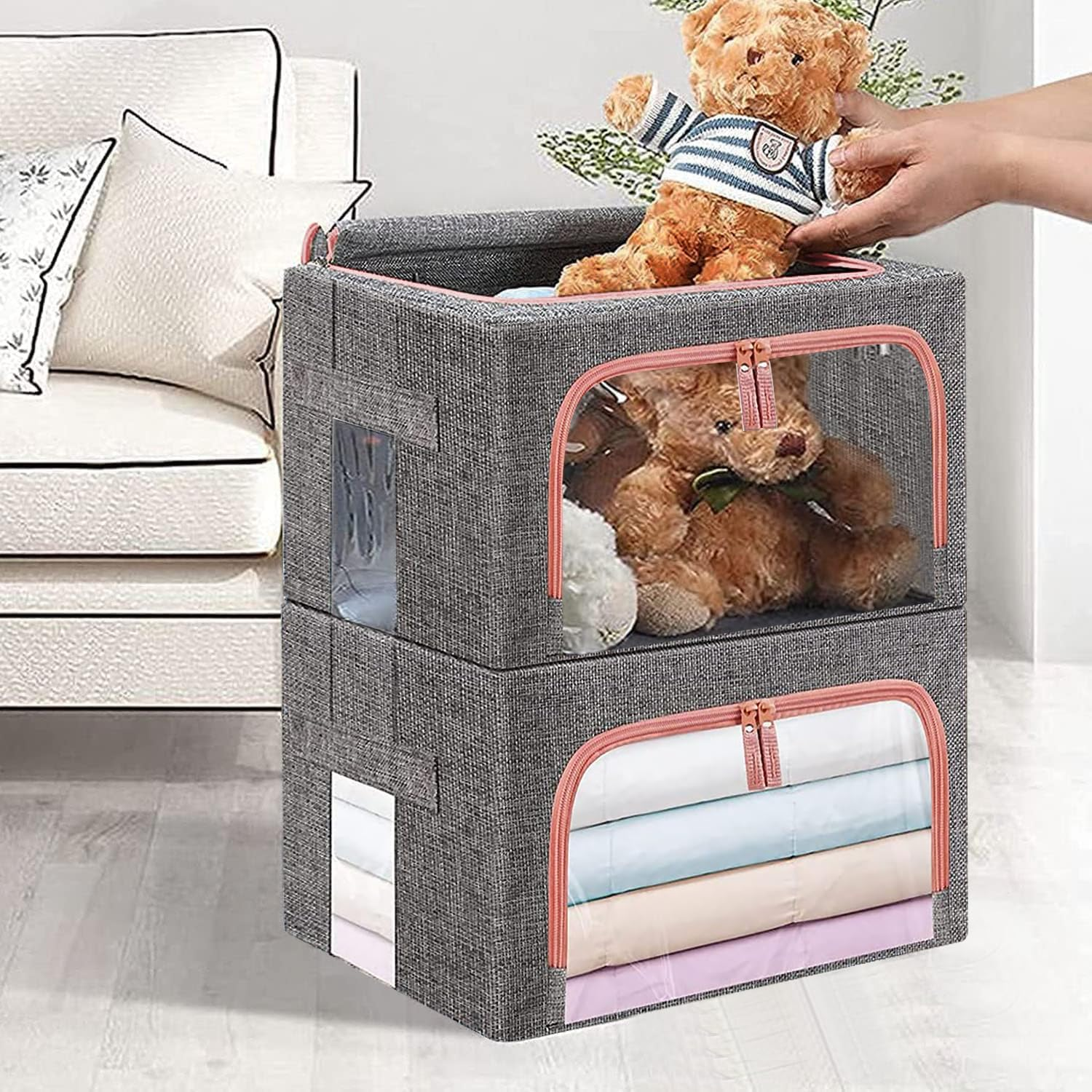 Clothes Storage Bins Box - 2 Pack 22L Cotton and Linen Foldable Stackable Container Organizer Set with Clear Window & Carry Handles & Metal Frame - Large Capacity for Bedding, Blankets, Toys, Books image number 6