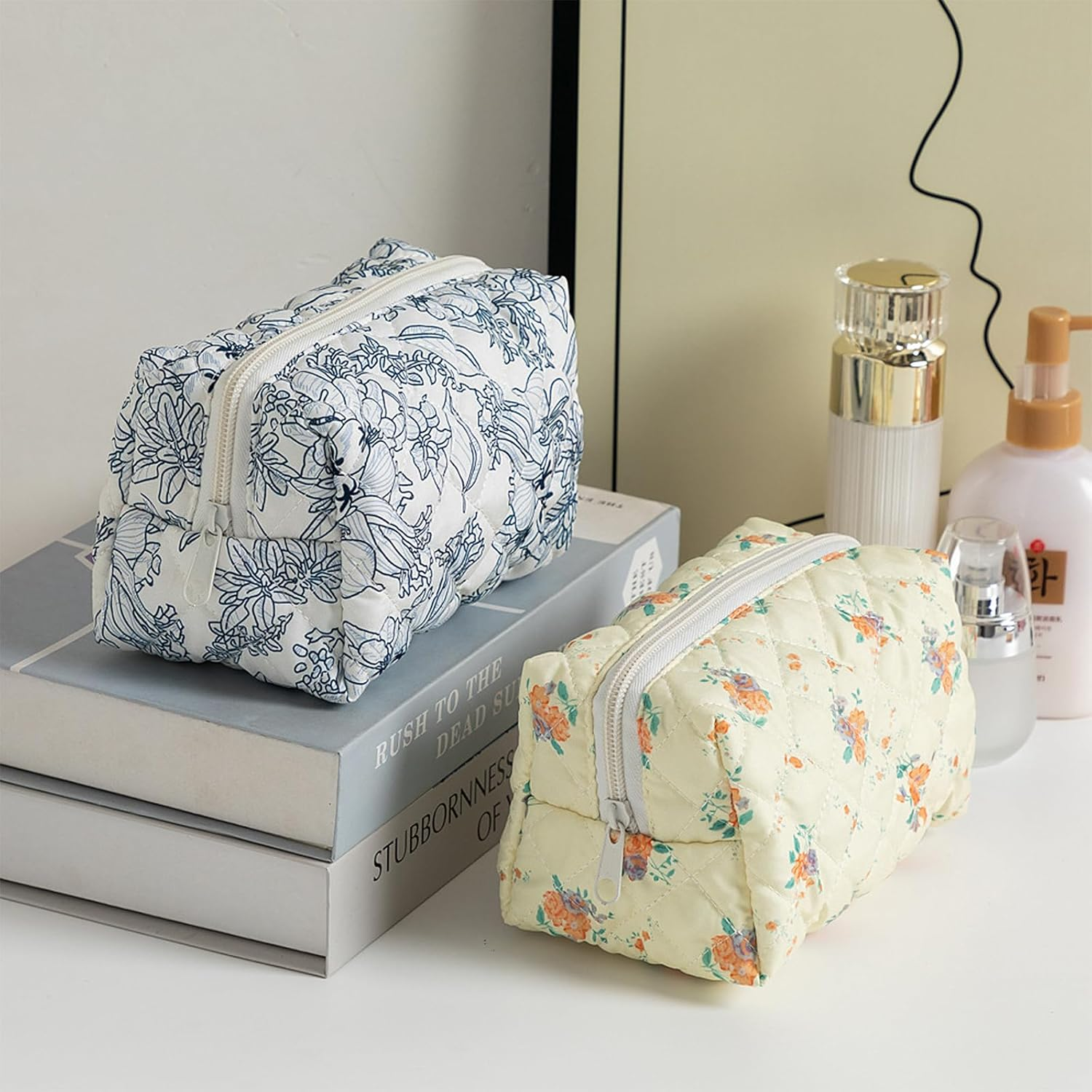 Quilted Makeup Bag, Cute Floral Cosmetic Bag for Women, Cotton Make up Bag, Flower Travel Toiletry Bag Organizer Floral-6 - Floral-1 image number 7