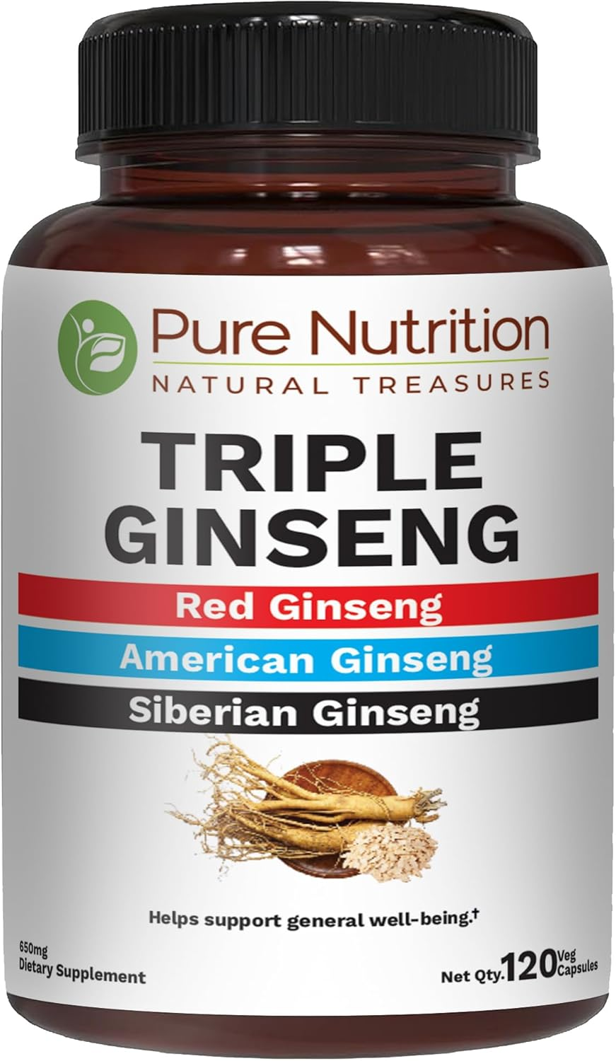 Pure Nutrition Triple Ginseng - Unique and Effective Combination of Red Ginseng, American Ginseng and Siberian Ginseng. 790Mg per Capsule | 60 Veg Caps Pack image number 4