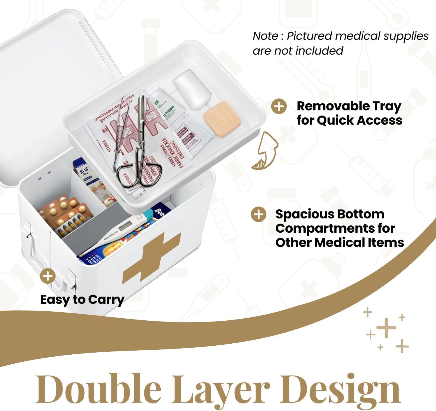 Flexzion First Aid Medicine Box Supplies Kit Organizer - Empty 8" White Metal Tin Medic Storage Bin Hard Case with Removable Tray Black Cross, Vintage Antique Boxes for Home Family Emergency Tool Set image number 1