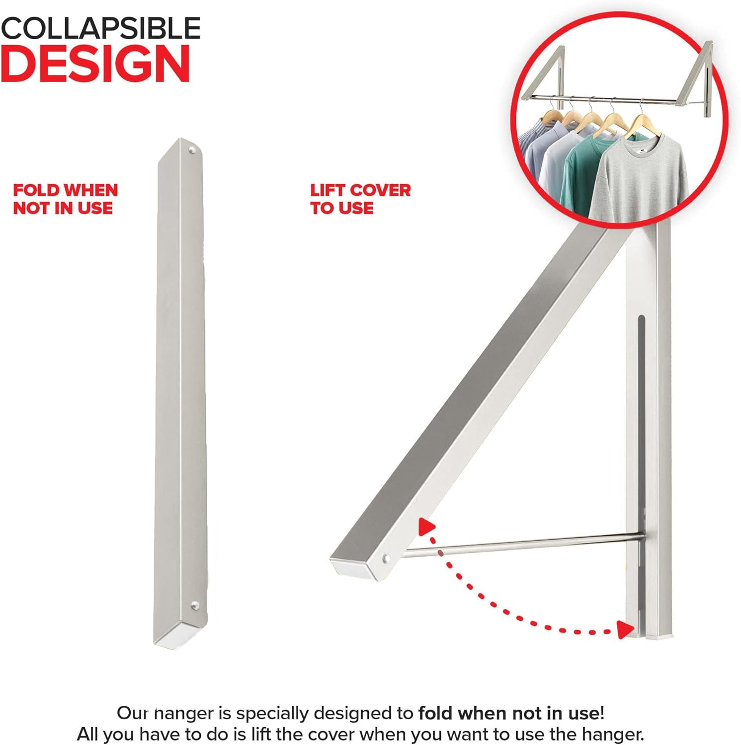 Stock Your Home Retractable Clothes Rack - Wall Mounted Folding Clothes Hanger Drying Rack for Laundry Room Closet Storage Organization, Aluminum, Easy Installation, 2 Racks with Rod (Silver) - White image number 6