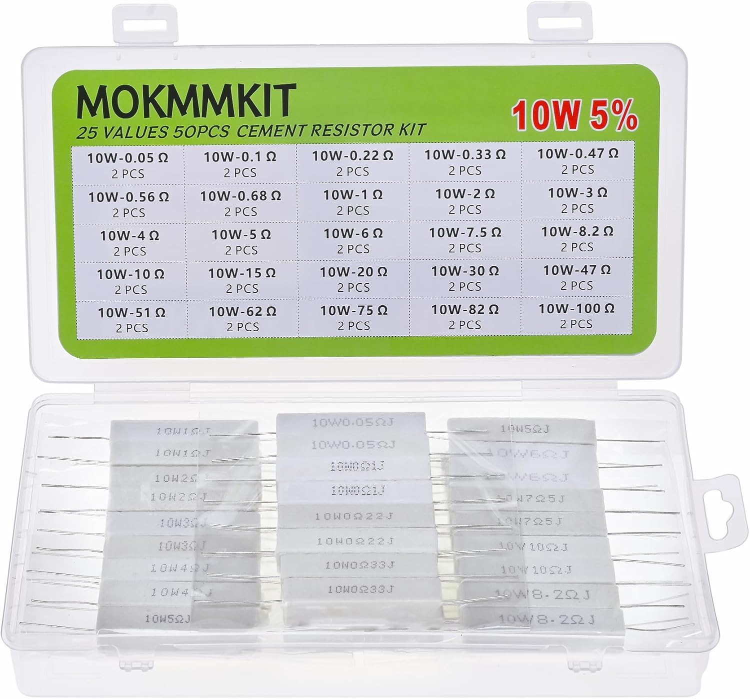 MOKMMKIT 25 Values 50 Pieces Ceramic Cement Resistor KIT 10W Resistance 10 Watt &plusmn;5% Power Resistors (0.05 Ohm - 100 Ohm) image number 6