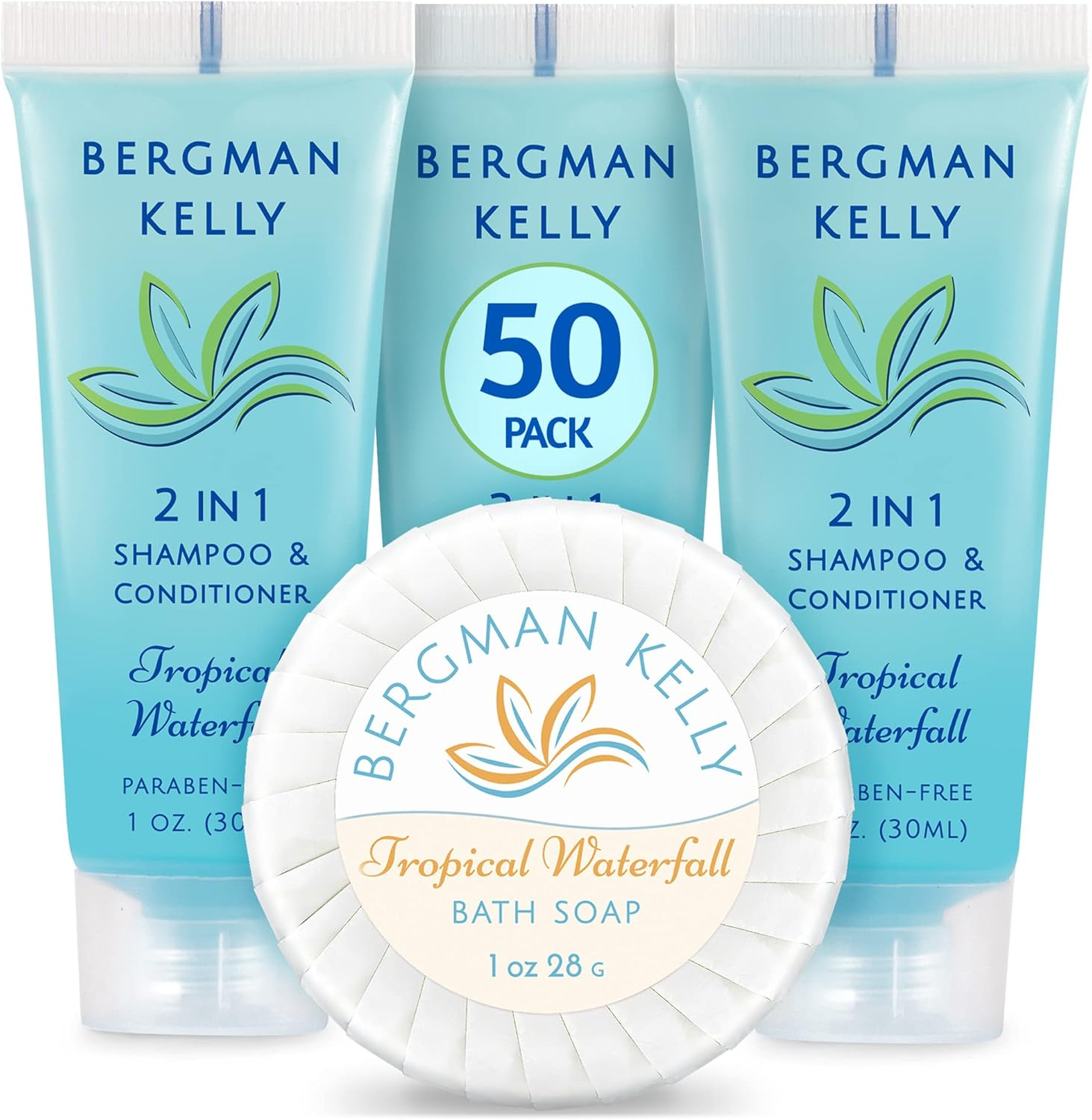 BERGMAN KELLY round Soap Bars, 2In1 Shampoo & Conditioner 2-Piece Set (Tropical Waterfall, 1 Oz Each, 100 Pc), Delight Your Guests with Revitalizing & Refreshing Sanitary Toiletries & Hotel Amenities image number 4
