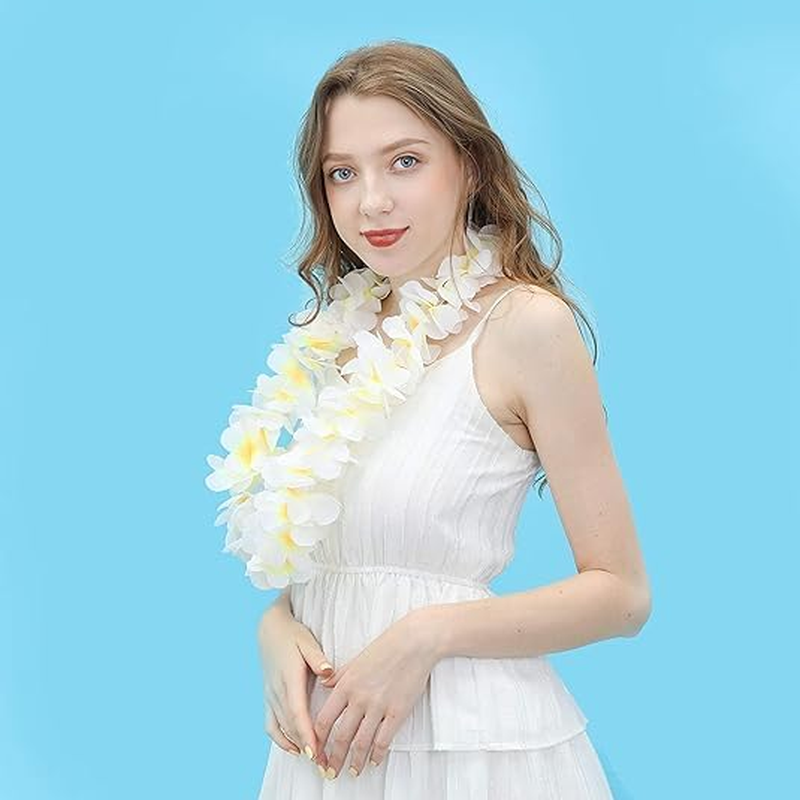 UNITOPS Pack of 6 Hawaiian Leis Necklace Tropical Luau Hawaii Wreaths Silk Flower Lei Thickened Dance Garland Flower Leis for Party Favor Hula Hawaiian Party Supplies (White, 6) image number 1